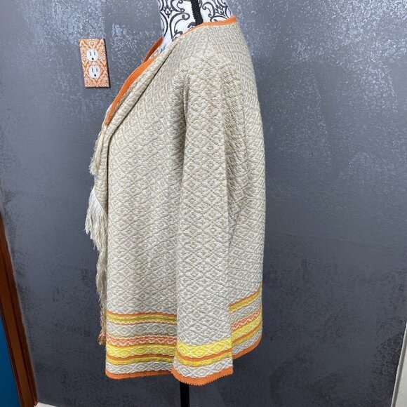 Ruby Rd Orange Yellow Brown Knit Fringe Trim Open Cardigan. Size Large - Picture 6 of 10